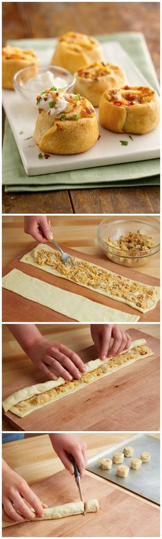 the process of making homemade pizzas is shown in three different pictures, including one being cut and placed on a cutting board