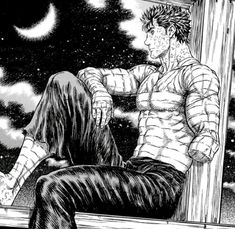 a man and woman sitting on a window sill looking out at the night sky