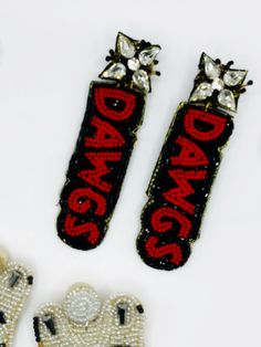 DAWGS University of Georgia Red and Black Beaded Statement Earrings. Go Dawgs!! Sick Em! Acrylic Seed BeadsHypoallergenic Posts 3.5 In long, 1 In wide Uga Earrings, Earrings White Background, Uga Gameday, Football Earrings, Georgia Football, Enamel Stud Earrings, Go Dawgs, University Of Georgia, Earrings White