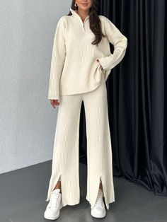 SPU: YSYYJ240730320 Style: Casual Color: White/Black/Purple Season: Autumn/Winter Neckline: Lapel Sleeve Length: Long Sleeve Material: Polyester Size: S/M/L/XL/2XL/3XL/4XL/5XL Top size: Size Chart： Length Bust CM inch CM inch S 60 23.6  90 35.4  M 61 24.0  95 37.4  L 62 24.4  100 39.4  XL 63 24.8  105 41.3  2XL 64 25.2  110 43.3  3XL 65 25.6  115 45.3  4XL 66 26.0  120 47.2  5XL 67 26.4  125 49.2  Pant size: Size Chart： Length Waist Hip CM inch CM inch CM inch S 95 37.4  75 29.5  90 35.4  M 96 3 Ribbed Loungewear, Two Piece Loungewear, Knit Two Piece Set, 2 Piece Skirt Set, Estilo Chic, Loungewear Set, Knit Pants, Style Chic, Casual Look