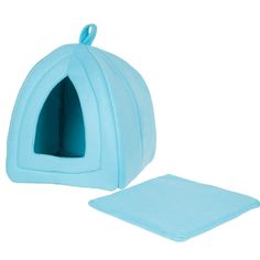 a blue cat bed with a pillow and mat