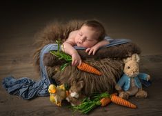 a newborn baby sleeping on top of a pile of stuffed animals and carrots,