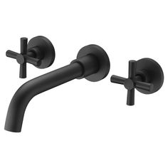 two black faucets with handles on each side and one arm in the middle