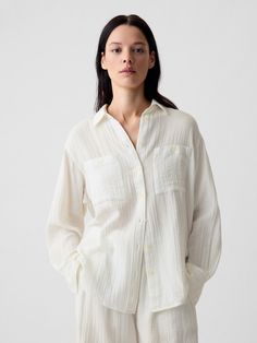 Soft crinkle gauze over Greece Vacation Outfit, Cotton Gauze Shirt, White Cut Out Dress, White Flowy Dress, Crinkle Cotton, Simple Summer Outfits, White Linen Shirt, Women Shirt Top, Big Shirt