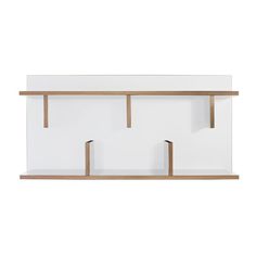 two wooden shelves with white walls and one shelf has three hooks on each side,