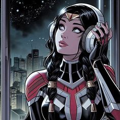 an image of a woman with headphones on in front of a cityscape