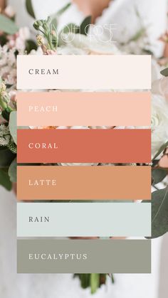 This mood board features a serene peach and eucalyptus color palette, combining soft, warm tones of peach and coral with cool, refreshing hues of light sage, soft green, and creamy neutrals. The overall design exudes natural elegance, perfect for small business branding or weddings. The balance of earthy greens and warm peach shades creates a harmonious, calming aesthetic, ideal for modern, sophisticated themes with a touch of organic beauty and romance. Shades Of Peach Wedding, Sage Green And Coral Pink Wedding, Neutral Tone Wedding Colour Palettes, Neutral Wedding Colors With Pop Of Color, Wedding Summer Color Palette, Eucalyptus Color Palette Wedding, Boho Wedding Colors Palette Summer, Soft Fall Color Palette Wedding, 2024 Wedding Color Palette