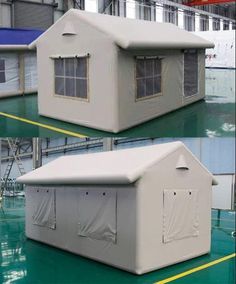 two pictures of a house that has been covered in white tarp and is sitting on the floor