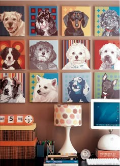 there are many dogs on the wall in this home office area, and it is easy to put together