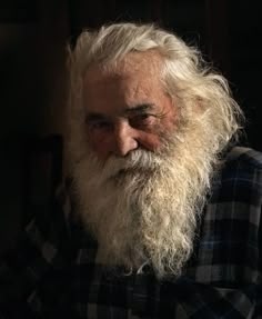 an old man with long white hair and beard wearing a checkered shirt looking at the camera