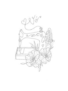 a drawing of a sewing machine and flowers