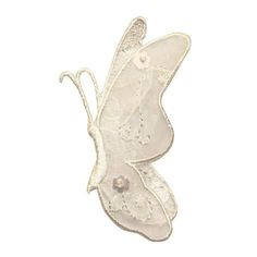 a white lace butterfly with pearls on it's wings