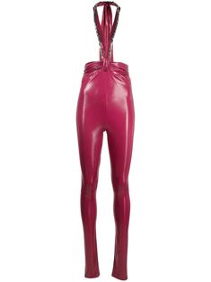 wine red stretch-jersey glossy finish halterneck tie fastening chain-link detailing high-waisted concealed rear zip fastening Stirrup Leggings, Woman Wine, The Attico, Ankle Leggings, Cotton Leggings, Stretch Leggings, Striped Leggings, Cargo Jeans, Pink Leggings