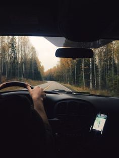 a person is driving down the road with their cell phone in his hand and trees behind them