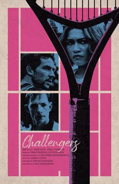 an advertisement for the movie challenge featuring two people in front of a giant racquet