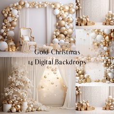 white and gold christmas decorations with the words gold christmas digital backdrops on it's side