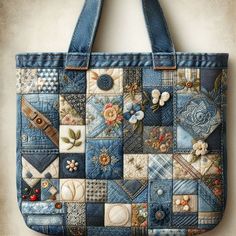 a handbag made out of old jeans with patches and flowers on the front pocket