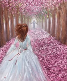 a painting of a woman in a white dress walking down a tree lined path with pink flowers