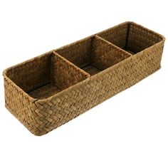 an empty basket with three compartments on the bottom and one section in the middle, is shown