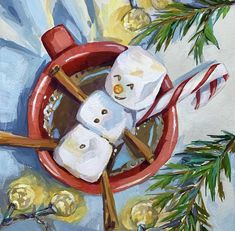 a painting of two marshmallows in a red bowl with candy canes