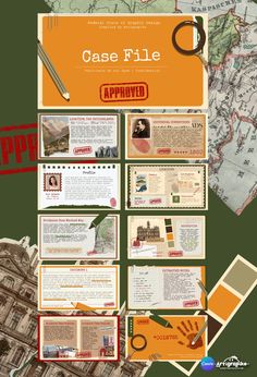 the case file is displayed on top of a map with other items surrounding it and an orange background