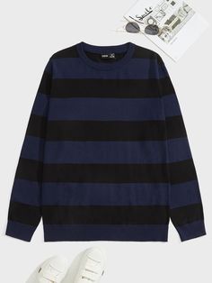 Multicolor Casual Collar Long Sleeve Viscose Striped Pullovers Embellished Slight Stretch  Men Knitwear Sweater Outfits Men, Pullover Outfit, Cool Outfits For Men, Round Neck Sweaters, Knitwear Men, Mode Vintage, Striped Sweater, Dream Clothes, Men Clothing