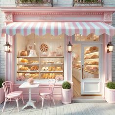 a bakery with pink and white striped awnings