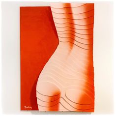 an orange and white abstract painting with wavy lines on the bottom half of its body