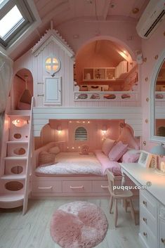 a pink bedroom with bunk beds and stairs to the top floor is lit by lights