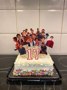 a birthday cake with the number 17 on it, surrounded by pictures of friends and family members