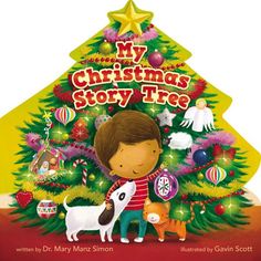 a young boy holding a dog in front of a christmas tree with the words, my christmas story tree written on it