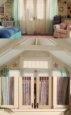 two pictures of the inside of a room with curtains and furniture in it, including a bed