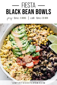 black bean bowls with avocado, tomatoes, corn and cilantro in a white bowl