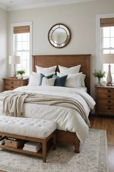 a bedroom with a bed, dresser and mirror