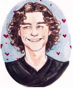 a drawing of a man with curly hair and hearts around his neck, smiling at the camera