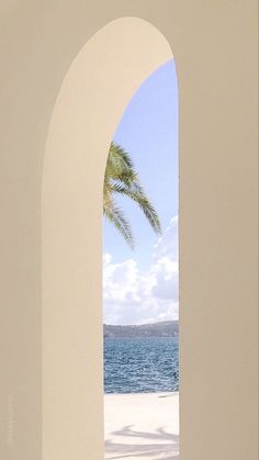 an archway leading to the ocean with a palm tree