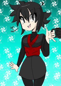 an anime character with black hair holding a cell phone and pointing to the side while standing in front of a blue background