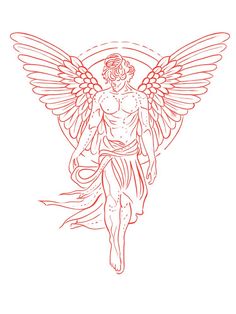 a drawing of an angel with red lines on it's chest and wings,