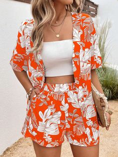 Tropical Print Drop Shoulder Kimono & Shorts Orange Boho  Short Sleeve Woven Fabric Floral,Tropical  Non-Stretch  Women Clothing, size features are:Bust: ,Length: ,Sleeve Length: Hawian Themed Outfits, Tropical Print Outfit, 2piece Outfits, Summer Fashion Dresses, Classy Casual Outfits, Chic Outfit, Themed Outfits, Kimono Fashion, Two Piece Outfit