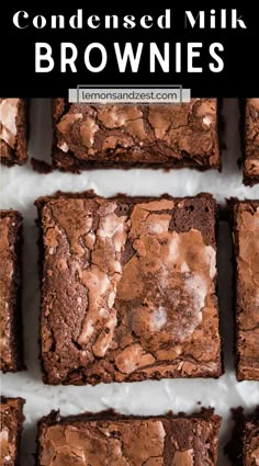 chocolate brownies with white icing on top and the words, condenseed milk brownies