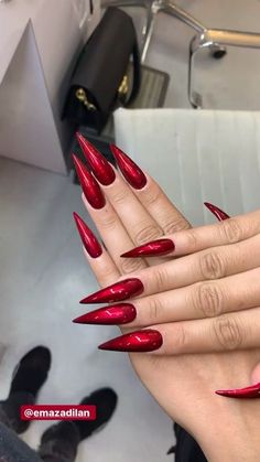 #nailart #naildesign #nailartideas #trending #trendy f Curved Pointy Nails, Stilleto Holiday Nails, Red Stilletos Nails Design, Red Chrome Nails Coffin, Gorgeous Nails Coffin, Ruby Red Nails Acrylic, Red Monochrome Nails, Red Crome Nails Acrylic, Red Jelly Stiletto Nails