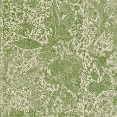 a green and white wallpaper with floral designs