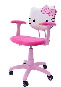 a hello kitty desk chair with wheels and pink seat cover on the back of it