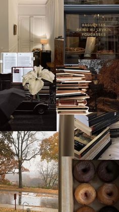 a collage of photographs with donuts, books, and trees in the background