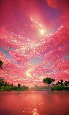 the sky is filled with pink clouds and reflecting in water