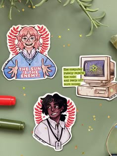 three stickers depicting the life and times of an old computer user, with some writing on them