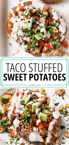 taco stuffed sweet potatoes on a white plate