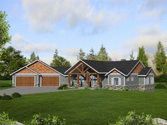 this is an artist's rendering of the front elevation of these ranch house plans