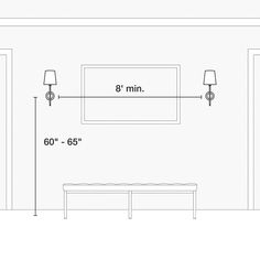 a drawing of a living room with two lamps and a bench