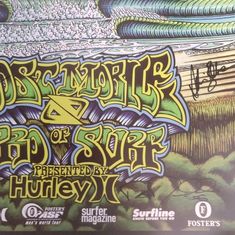 the poster for an event with graffiti written in green and yellow on it, along with other artwork